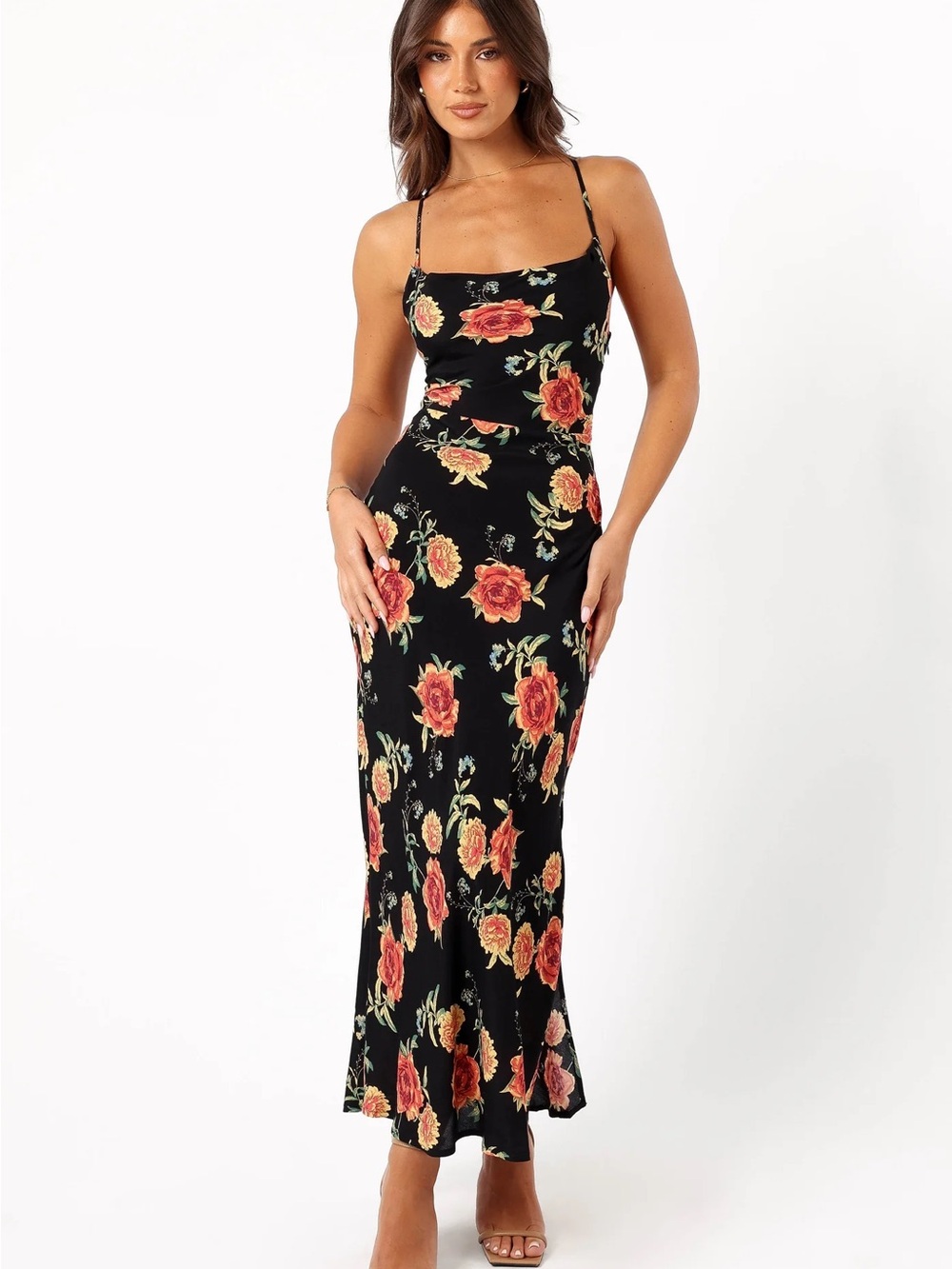 Petal & Pup Landry Sunset Floral Midi Dress Black Red Rose Lace-Up Back M
